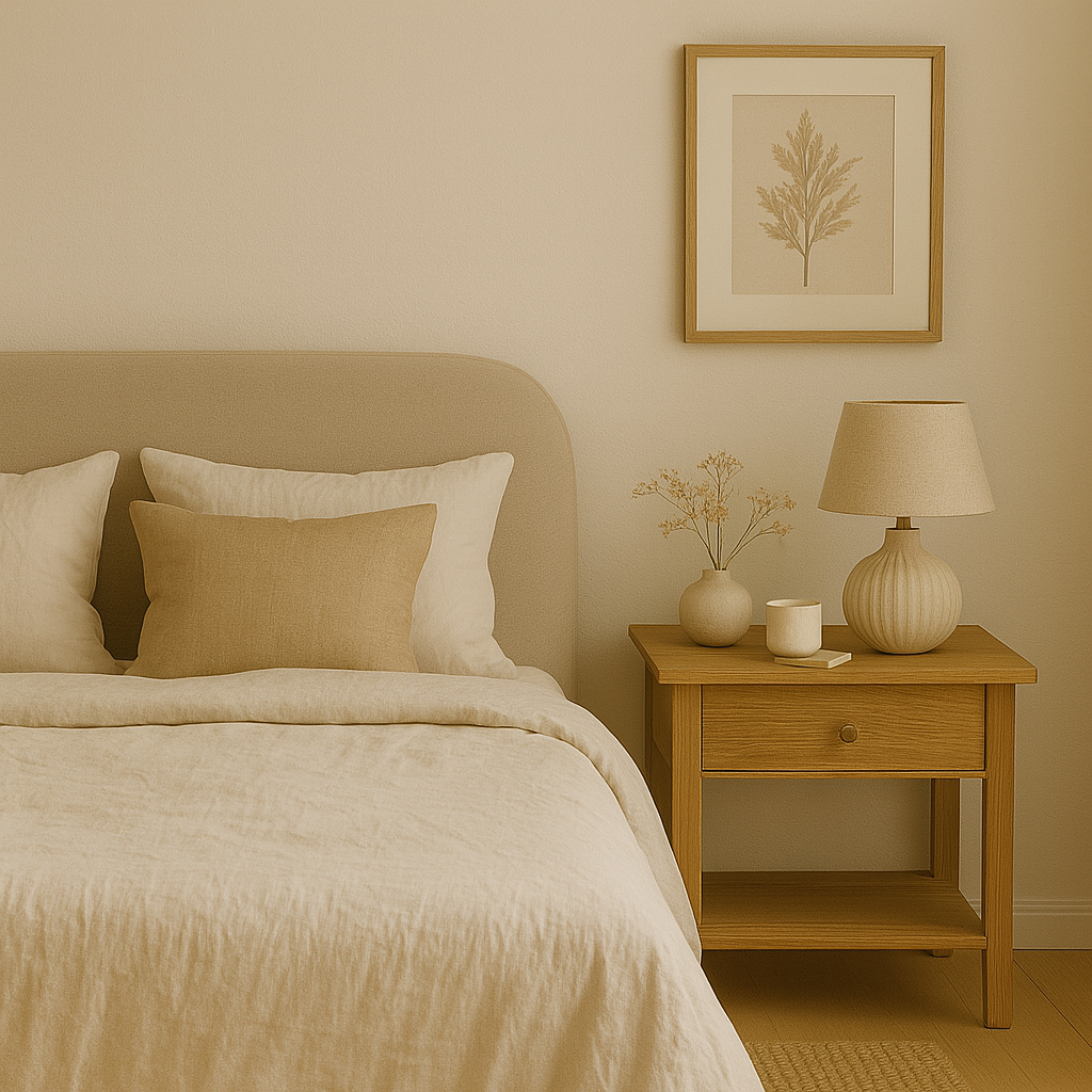 High-resolution photo of a calm bedroom with an upholstered headboard, off-white bedding, wooden nightstand, and minimalist decor in neutral tones.