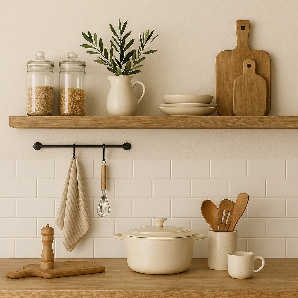 High-resolution photo of a serene kitchen with light wood shelves, glass jars, ceramic plates, and a subway tile backsplash in neutral tones.