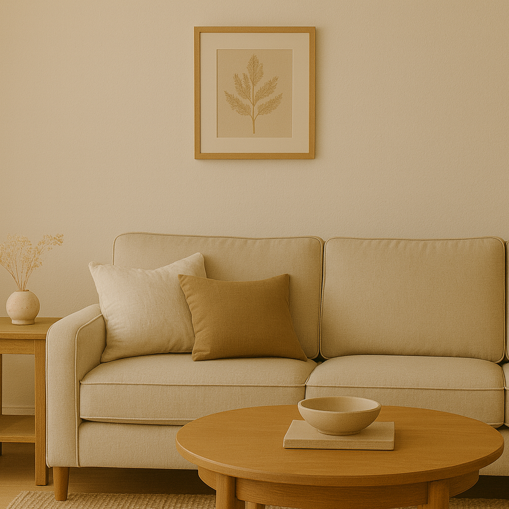 High-resolution photo of a bright living room with a beige sofa, decorative pillows, round coffee table, and natural light from a tall window.