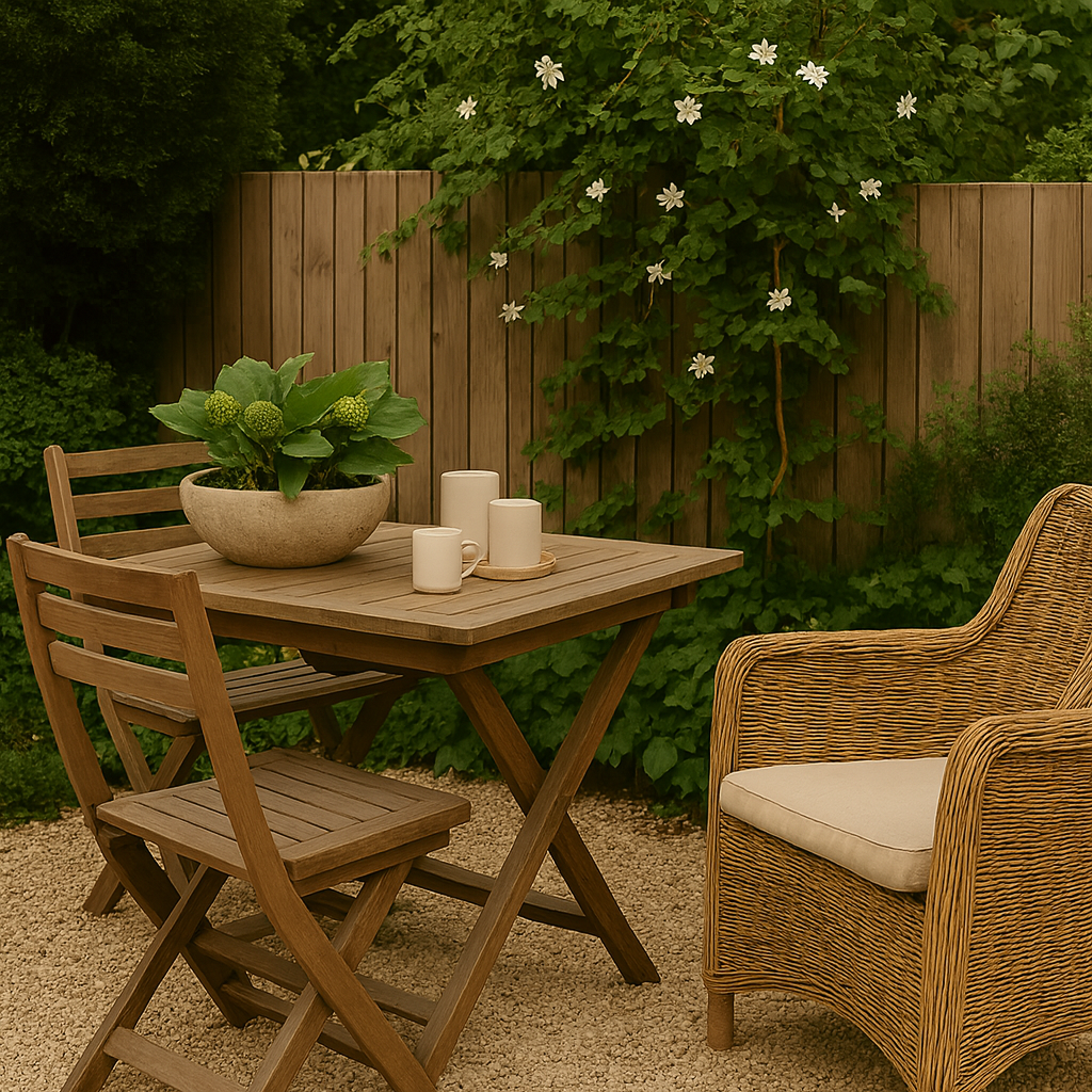 High-resolution photo of a rustic garden patio with a wooden dining set, stone planter, hydrangeas, and lush green plants in the background.