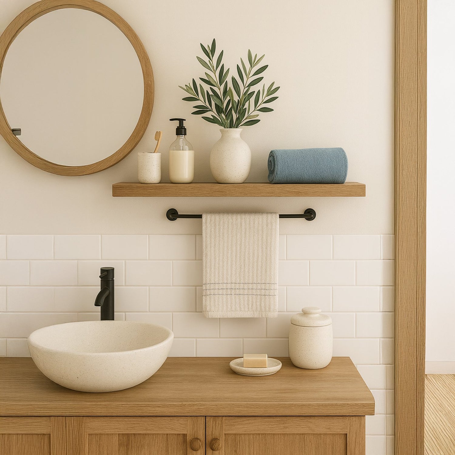 High-resolution photo of a minimalist bathroom with a vessel sink, wooden vanity, round mirror, and decorative olive branch in a ceramic vase.