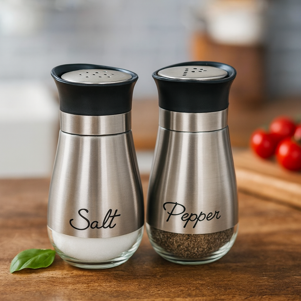 Salt and Pepper Shakers Stainless Steel Glass Set BPA Free, 4oz